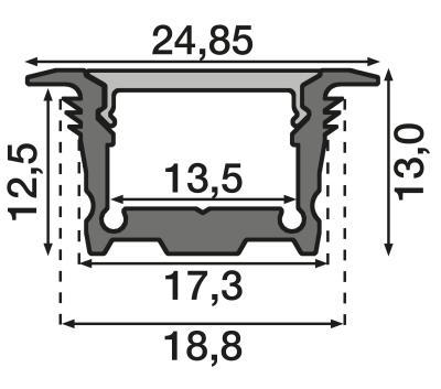 Zeichnung - Aluminiumprofile grey and Cover frosted, SET SMALL WING F 25/13 GREY 1M