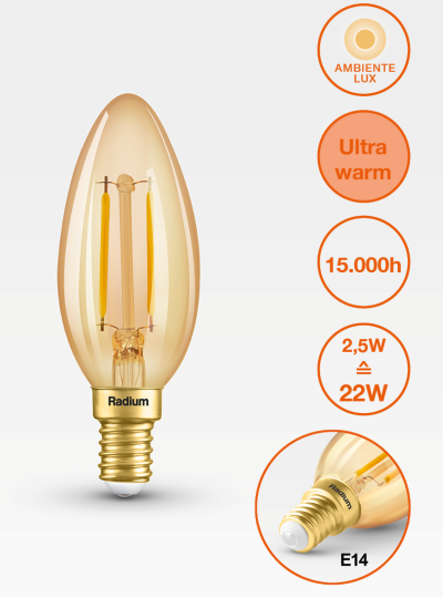 Produktbild - LED Ambiente LUX Candle, RL-C22 824/C/E14 FIL Gold